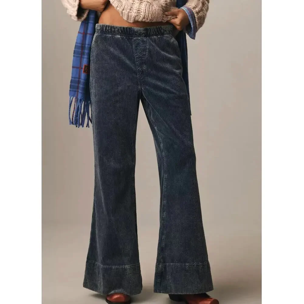 Anthropologie Pilcro Plush Corduroy High-Rise Pull-On Flare Pants | Sz M, Blue - Picture 4 of 4